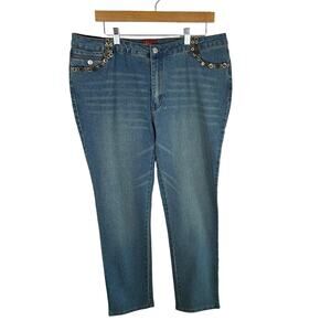 Azita Vintage Medium Wash Straight Leg Mid Rise Button Beaded Sequin Jeans Sz 16